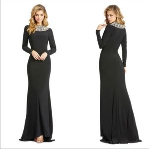 Mac Duggal Black Beaded Collar Long Sleeve Jersey Gown IEENA for Mac Duggal